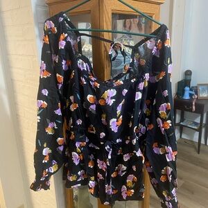 Ava & Viv Black Floral Blouse with Purple and Orange Accents